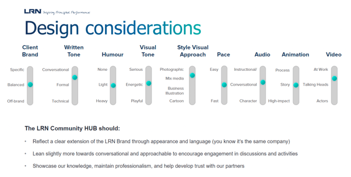 LRN Design Consideration sliders to determine what we wanted in our written and visual tone, the use of humor, and the audio, animation, and video style.